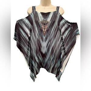 S12 Twelve Cold Shoulder Top Blouse Shark bite Hem Embellished